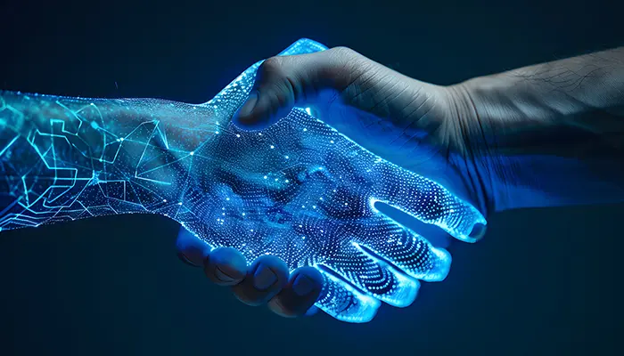 KIM KIRN LAW - an AI hand shaking a human hand.